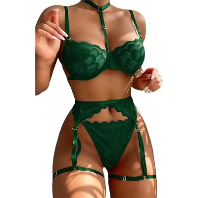 Lilosy Sexy Choker Floral Lace Scallop Sheer Underwire Push Up Garter Belt Lingerie Set 3 Piece