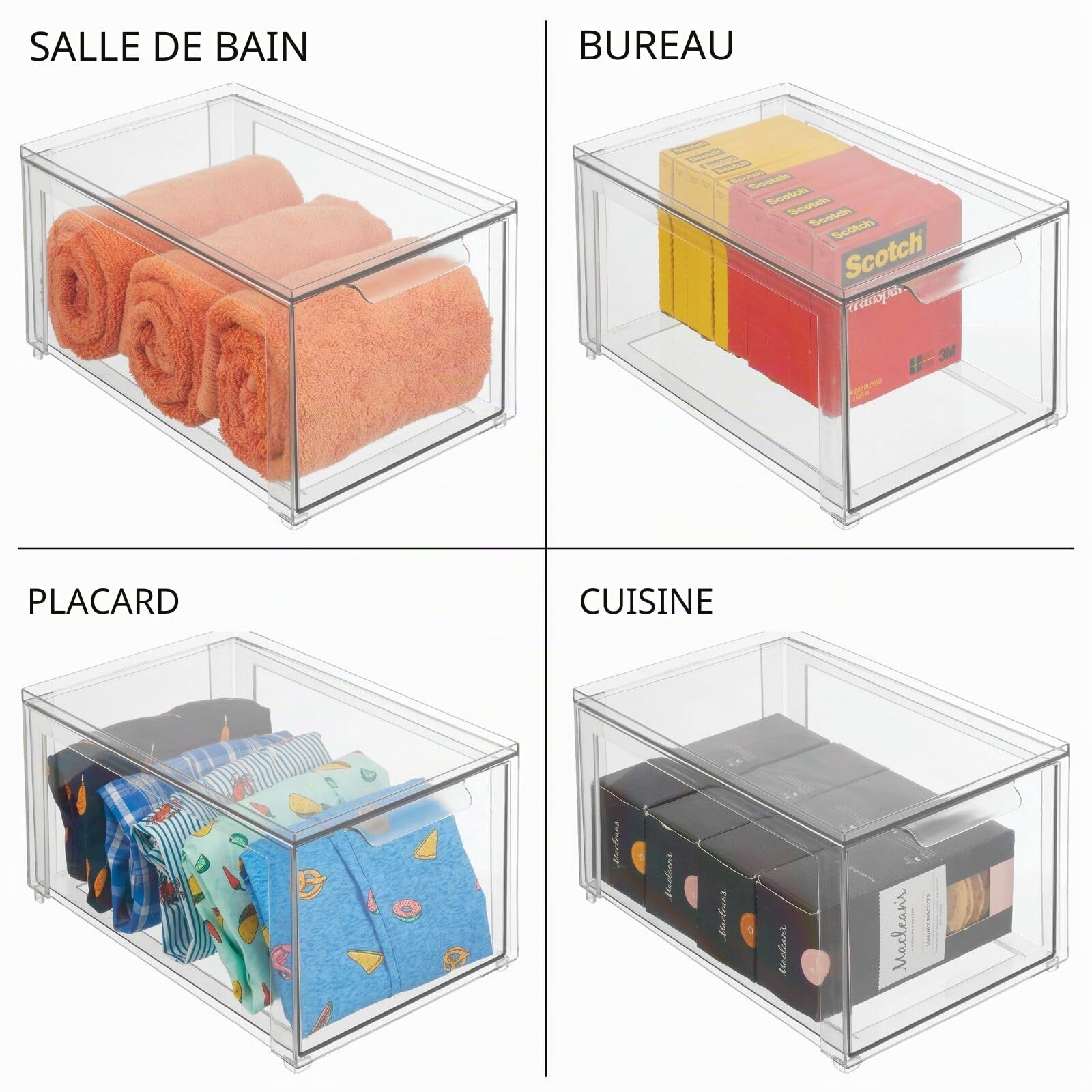 mDesign Lot de 4 boîtes de rangement empilables en plastique avec tiroir extractible - Boîte de rangement pour articles de toilette, maquillage et produits de beauté - Transparent