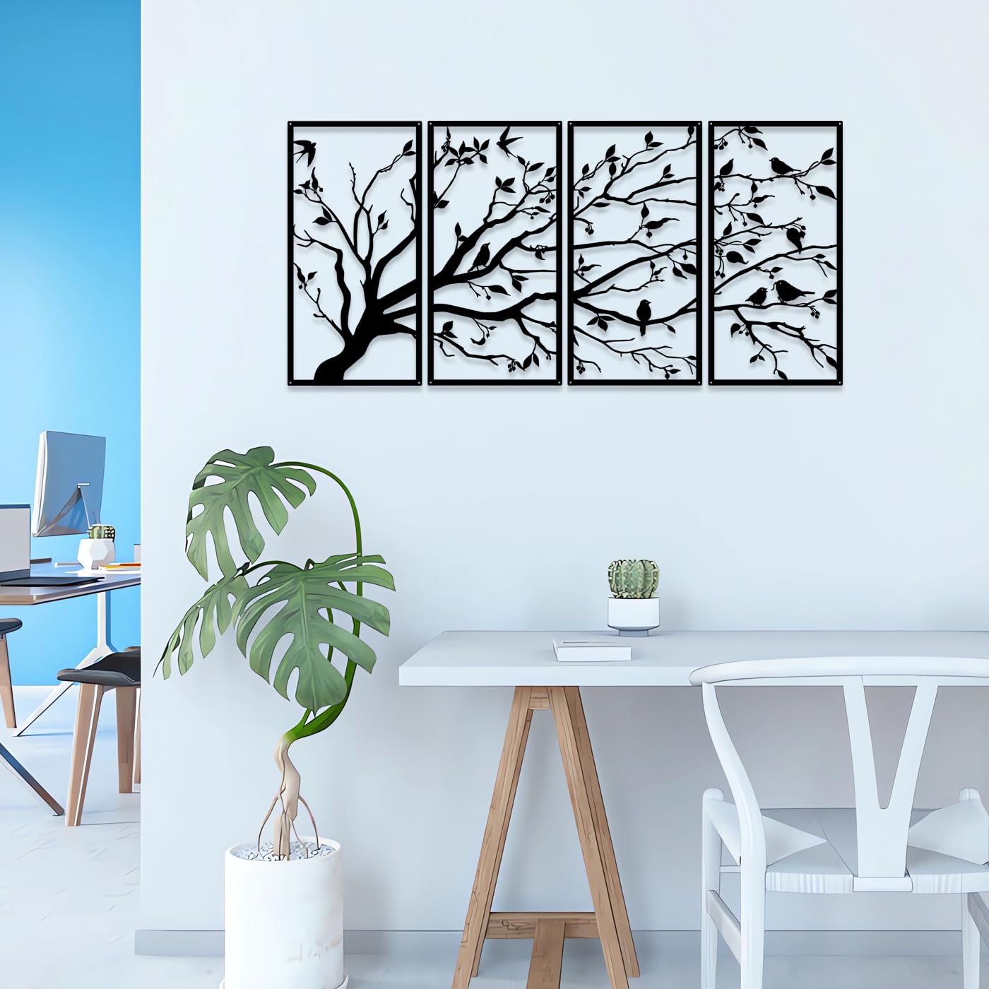 Luccyle Albero in metallo della vita 4 pannelli segno dell'albero arte murale decorazione murale decorazione d'interni regalo per la casa (23.6in*11.8in)