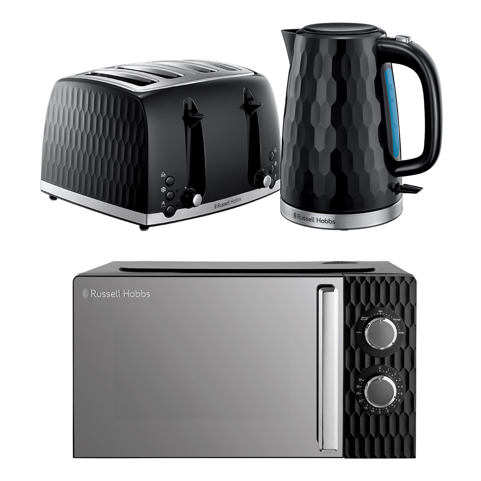 Russell Hobbs Honeycomb Black Kitchen Set, 1.7L 2400W Kettle, 4 Slice Toaster with Dual Browning Levels & 17L 700W Microwave with 5 Power Levels, Defrost & Reheat Functions HCBNDL4B โ image 1