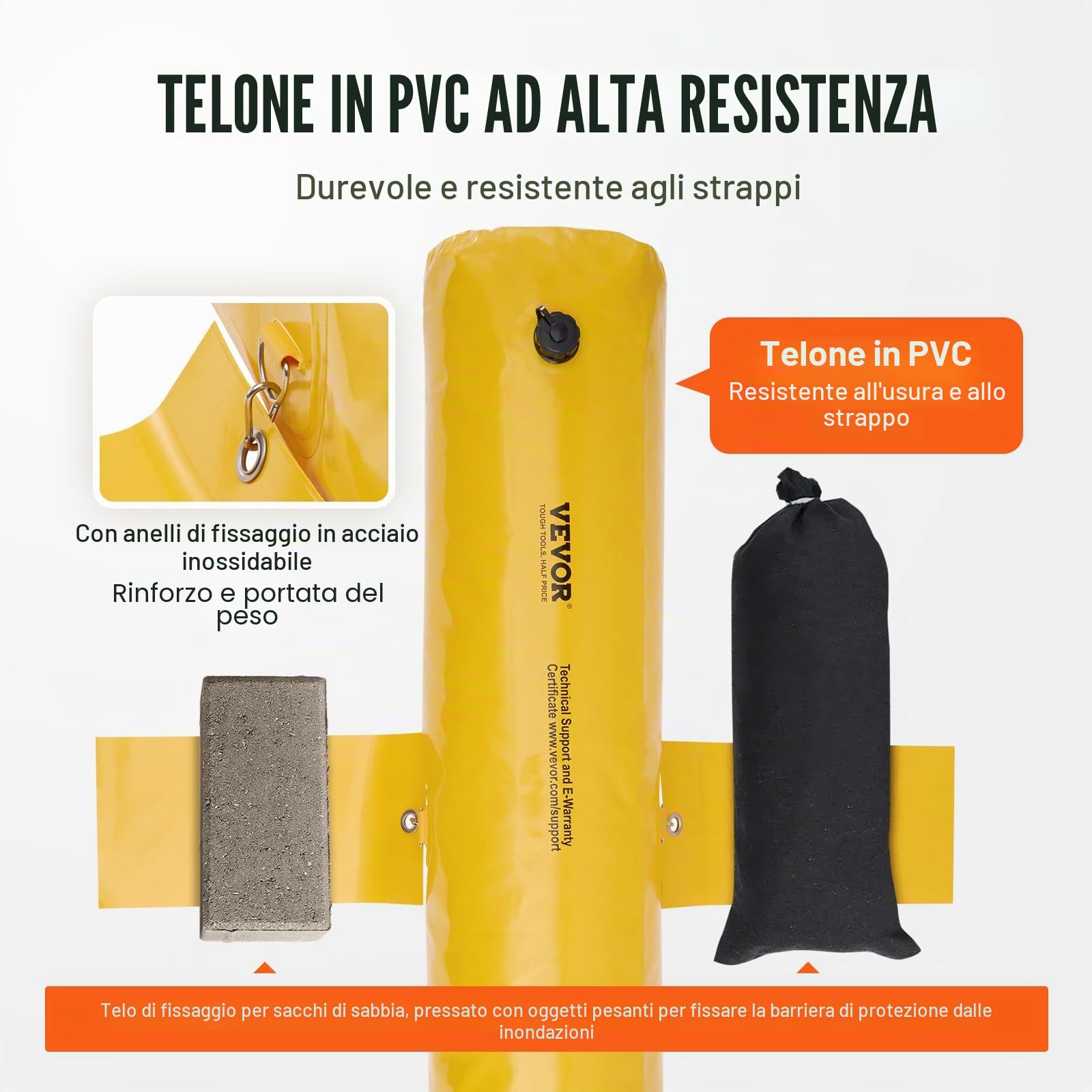 VEVOR Sacco Antiallagamento, 4 Pezzi, Barriera Antiallagamento Alternativa, Portatile e Facile da Usare per Casa, Ingresso, Vialetto 122 x 25 x 17 cm Giallo