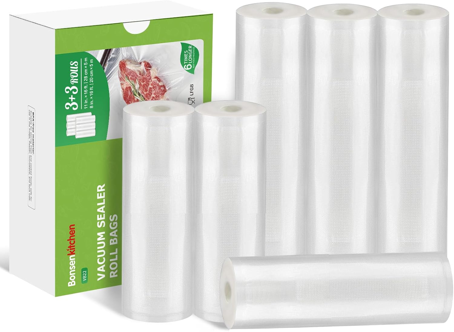 Bonsenkitchen Precut Vacuum Food Sealer Bags 100 Pint 6" x 10", 6 Pack 3 Rolls 11" x 16' + 3 Rolls 8" x 16' Commercial Grade BPA Free Bag Rolls, Durable