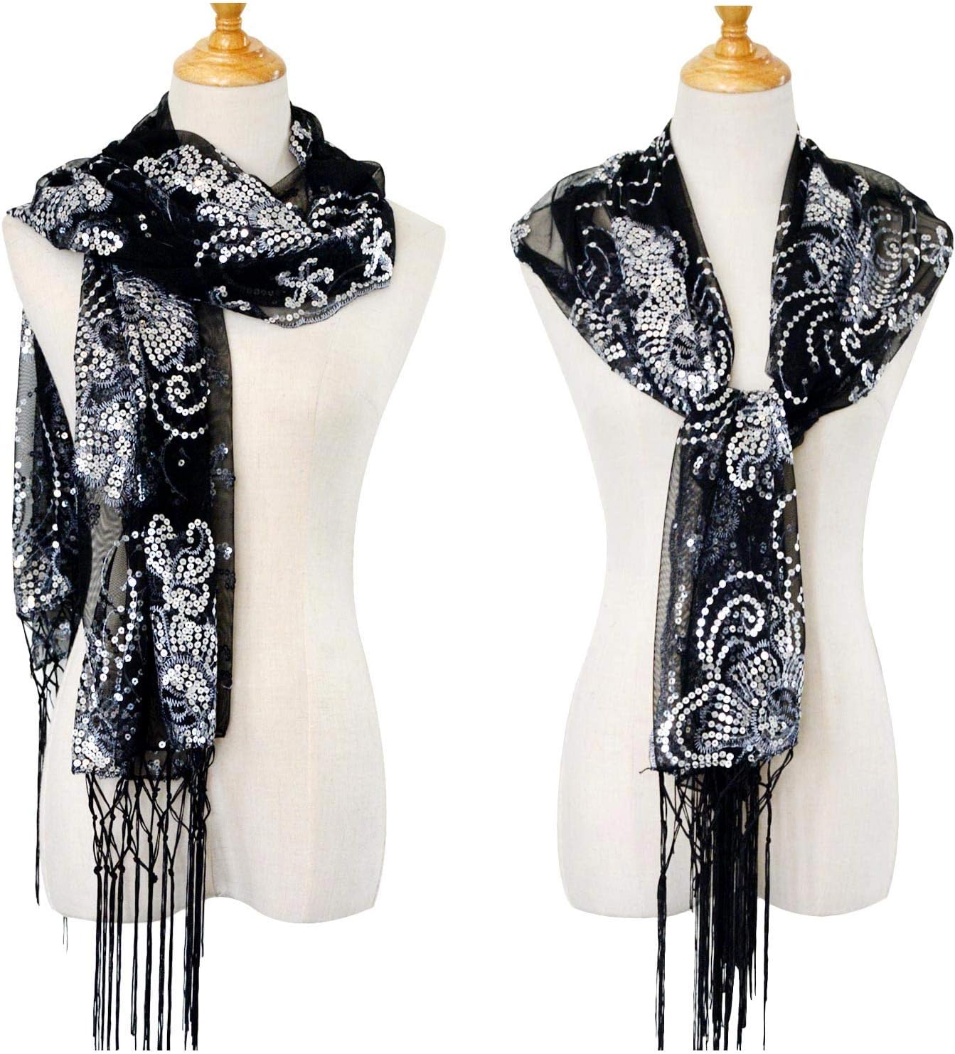 L'VOW Women's Glittering 1920s Scarf Mesh Sequin Wedding Cape Fringed Evening Shawl Wrap - Image 4