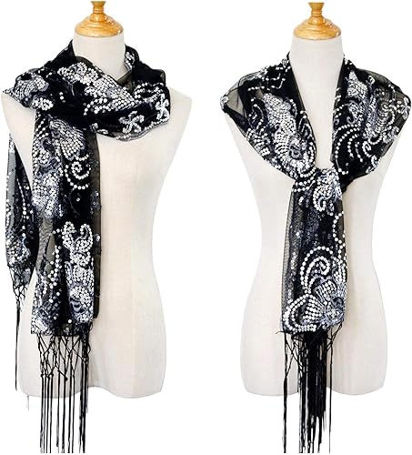 Miniatura 4 de L'VOW - Bufanda de lentejuelas brillante para mujer estilo de los años 20, capa de boda con malla, chal de noche con flecos