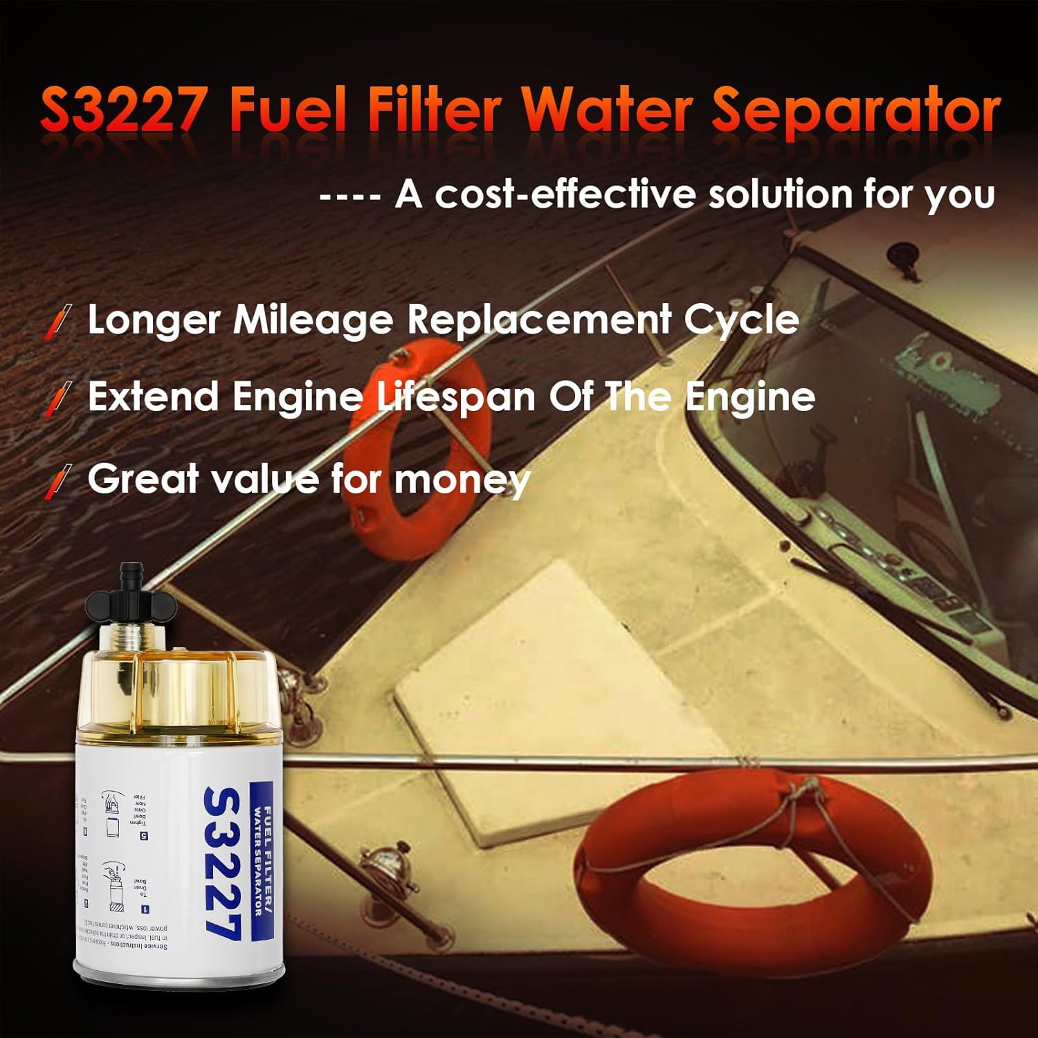S3227 Fuel Filter Water Separator with Clear Bowl Assembly│Replacement For Marine Outboard Motor │Replaces# 9-37882, 18-7922