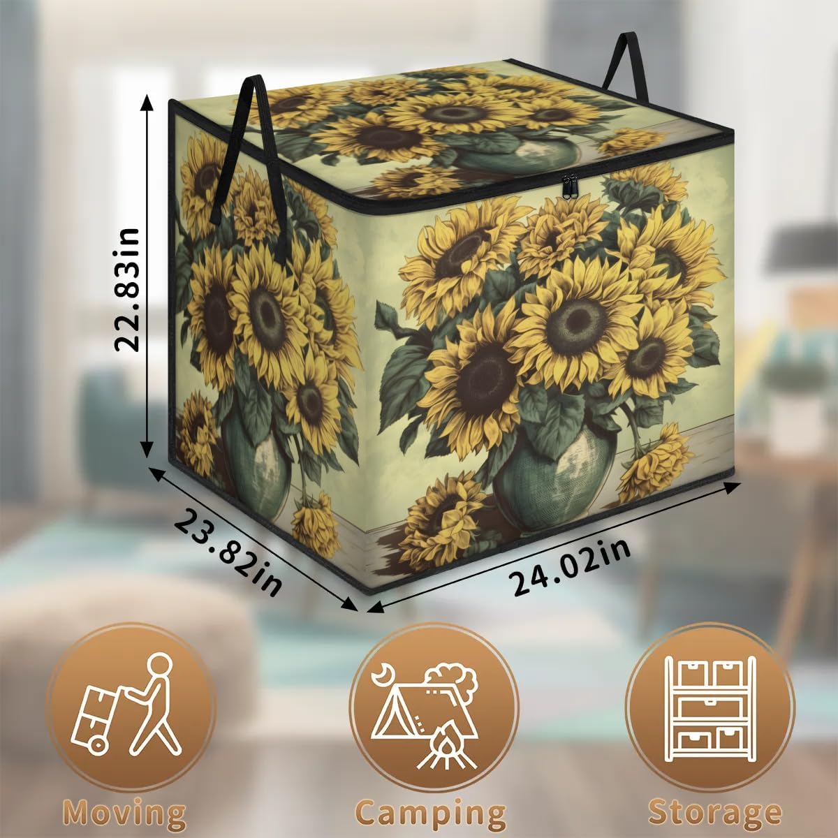 Honeybaby 214L Extra Large Comforter Storage Bag Sunflower Vase Summer Storage Totes with Lids Waterproof Closet Organizer Folding Blanket Storage Bags for Clothes Bedding Pillows
