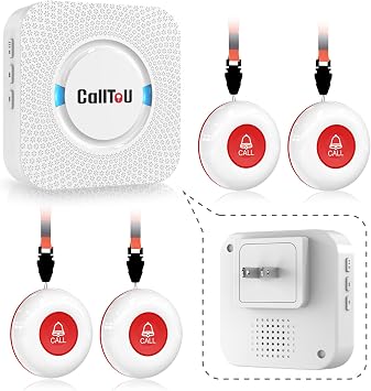 CallToU Caregiver Pager Wireless Call Button Smart Bell Alert System for Elderly Home Patient Seniors Nurse 4 Portable Waterproof Transmitters 1 Plugin Receiver