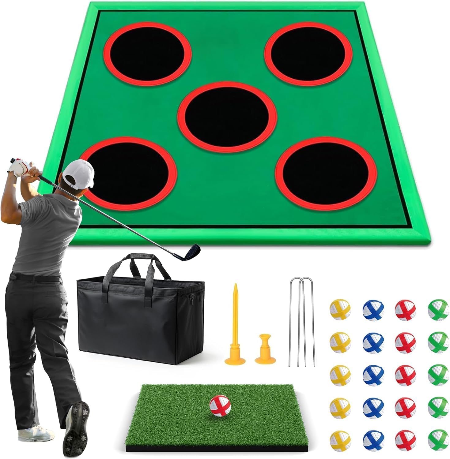 Golf Game Play Set, Golf Chipping Cornhole Game for Adults with 1 Club, 5 Hole Covers, 20 Balls, Putting Mat & Carry Bag, Indoor Outdoor Lawn Backyard Gifts for Men