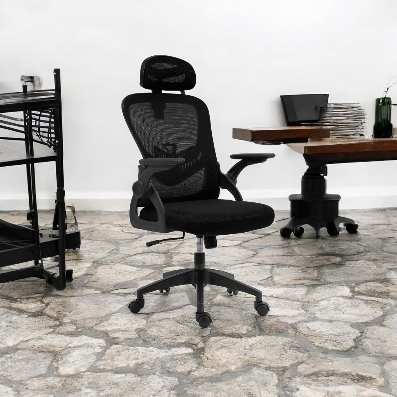 Sedia Ergonomica da Ufficio con Altezza Regolabile Braccioli Pieghevoli Nero