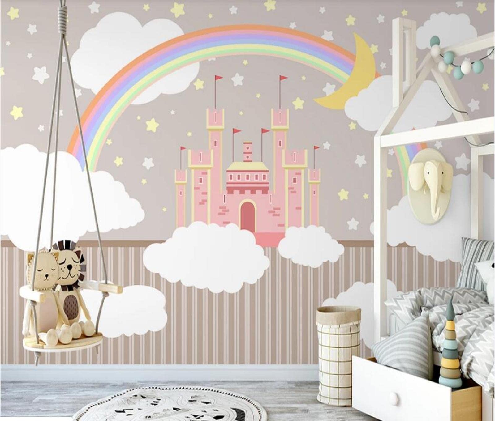 Aangepaste 3D Muurschildering Behang Cartoon Zon Regenboog Creatieve Fresco Kleuterschool Kinderkamer Achtergrond Muur Waterdicht 200Cm (W) × 140Cm (H