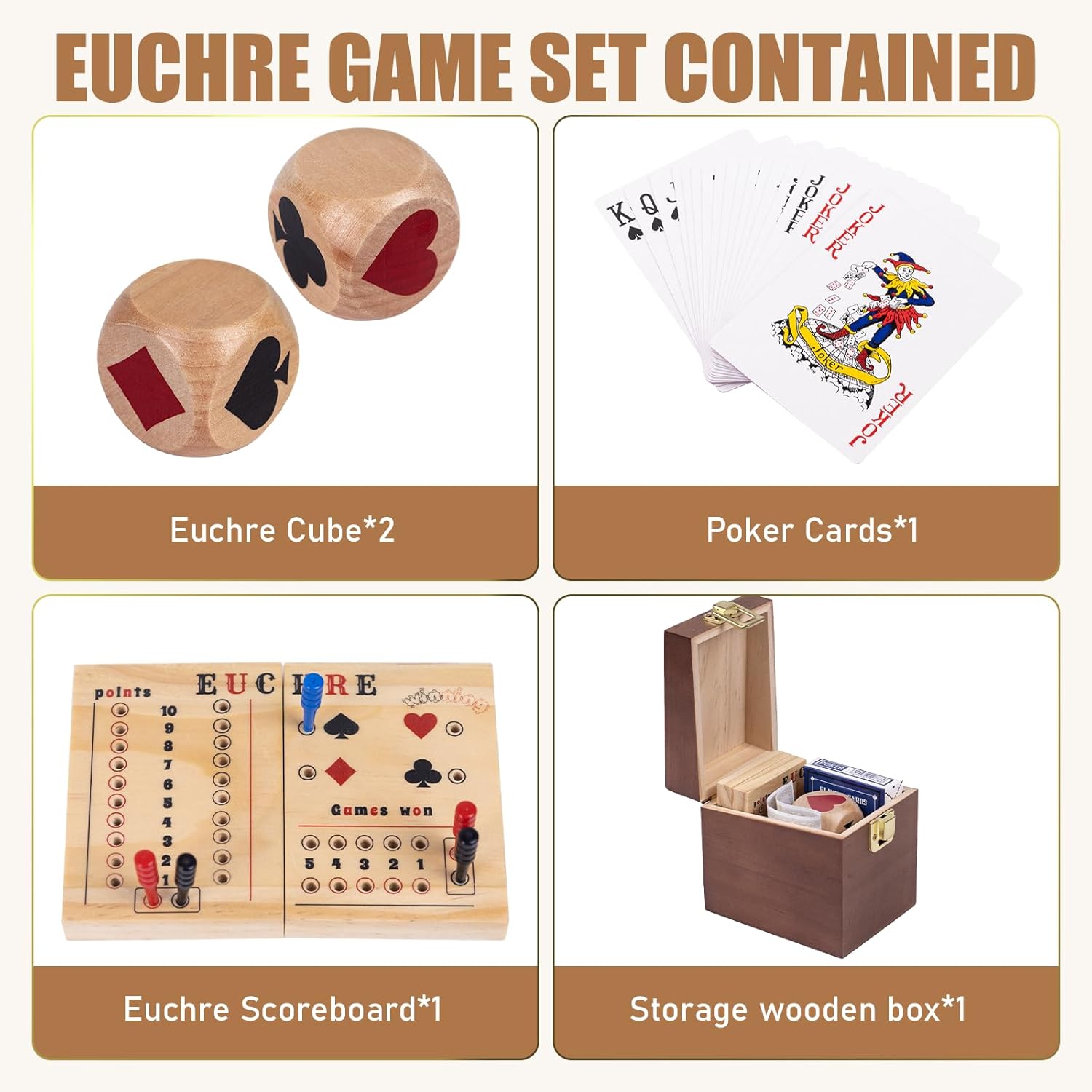 Premium Euchre Card Game Set:Double Euchre Cube, One Deck of Playing Cards,Foldable Euchre Scoreboard,Exquisite Printed Storage Box,Trump Suit Dice Set，Bridge Cards Kit.
