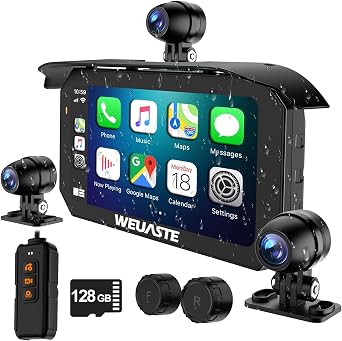 6.25" Motorcycle Carplay Screen with GPS Navigation System, Wireless Android Auto, TPMS, HD 1080P Dual Motorcycle Dash Cam+Third Person Perspective Camera, Motos Metal Anti-Theft Bracket