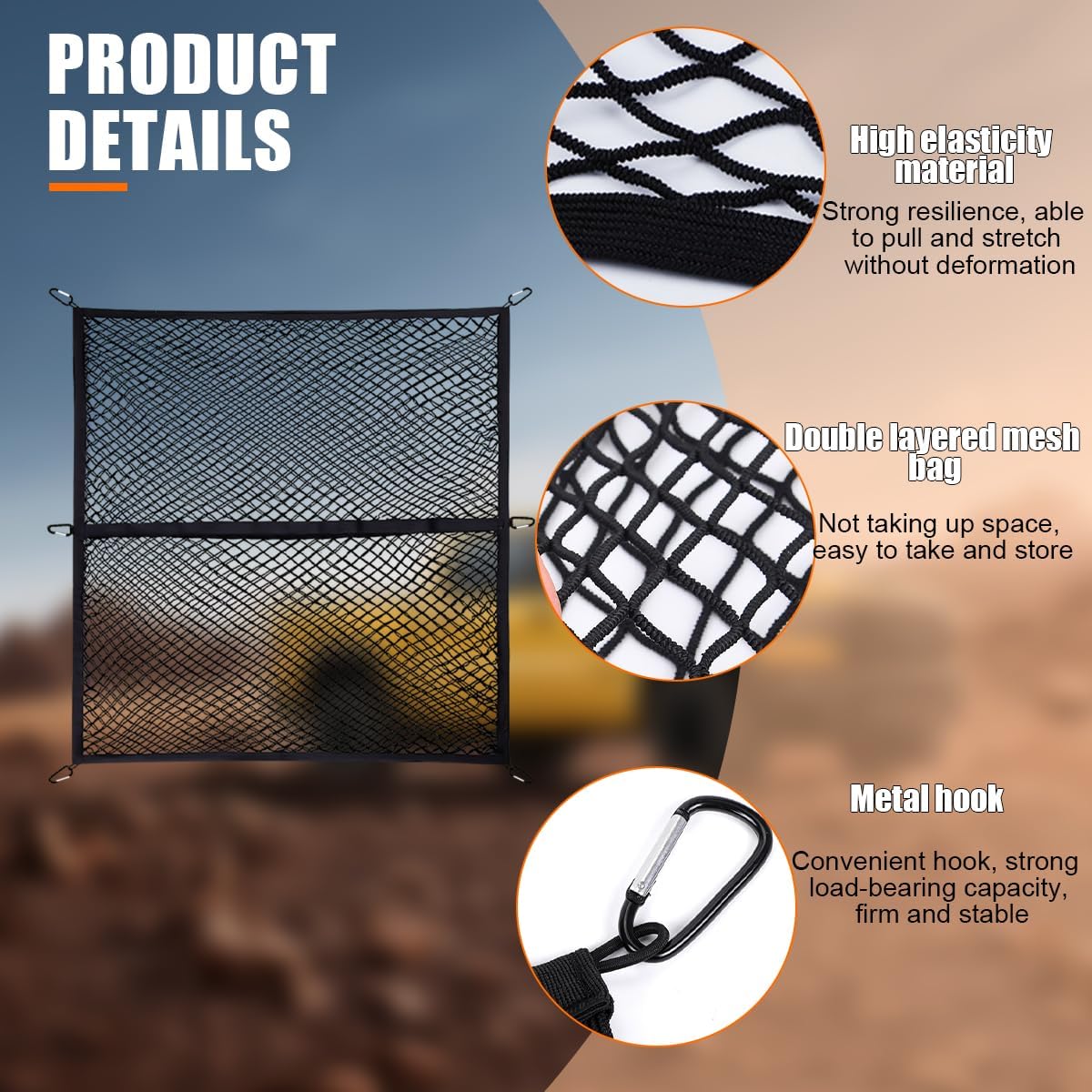 Zpana Truck Bed Cargo Net for Pickup, Highly Elastic 4'x4' Stretch to 7'x7' Stretchable Trunk Organizer Mesh with 6 PCS Carabiners, Auto Storage Accessories, Universal for Vehicles(Double Layer)