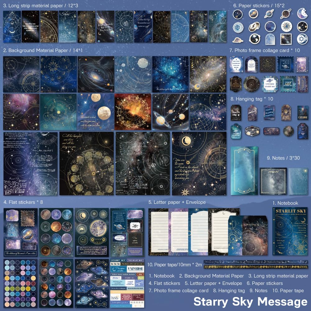 icceemee Scrapbooking Supplies Kit, Blue Starry Sky Scrapbooking Kit for Bullet Junk Journaling, Stationery, A6 Grid Notebook, Floral DIY Note-Taking Supplies, Birthday Craft Gift for Teen Girls