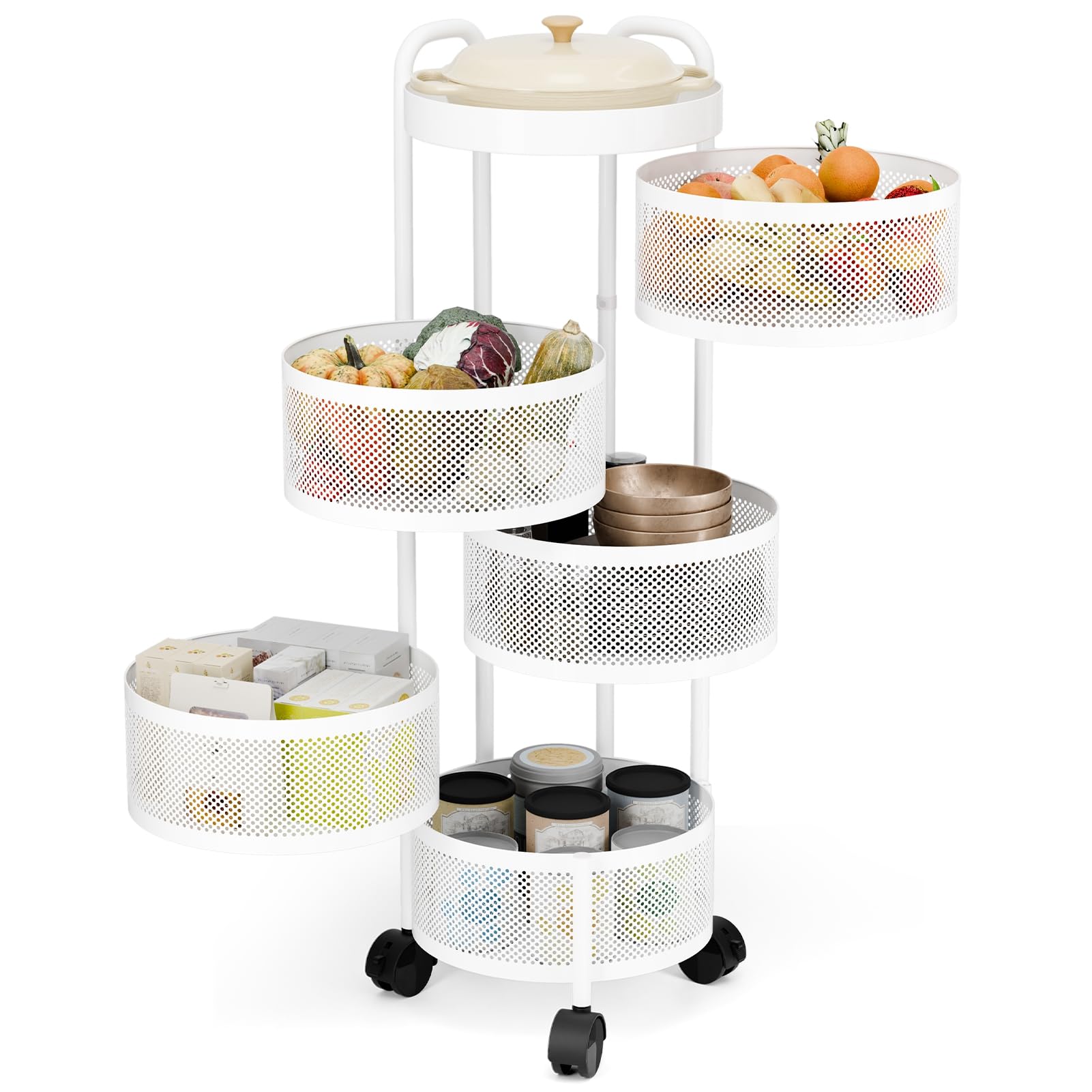 Carrito de almacenamiento de cocina, cesta giratoria circular de 5 niveles, estante de almacenamiento grande con ruedas de 360 grados, estante de frutas y verduras, carrito móvil