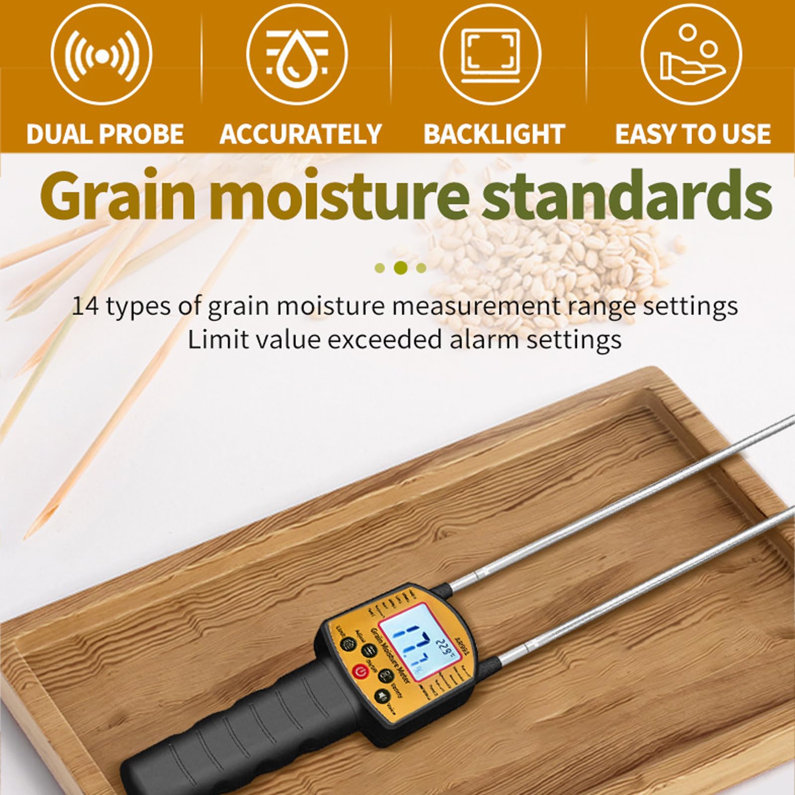 Misuratore di umidità del grano, doppia sonda ad alta precisione con retroilluminazione LCD, promemoria vocali, deviazione correggibile per misurare riso, fagioli, arachidi, soia, 14 grani
