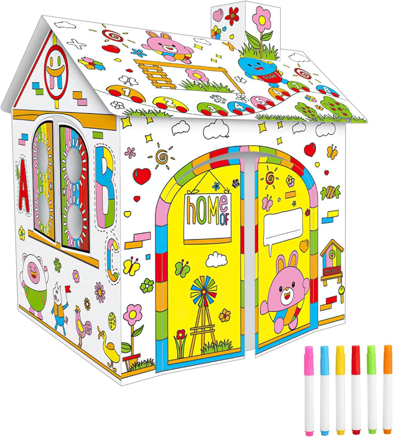 OAOEYE Kids 3D Cardboard Doodle Playhouse, Cardboard Playhouse and Craft Activity for Kids, for Coloring and Pretended Play, DIY Educational Craft Activity for Children