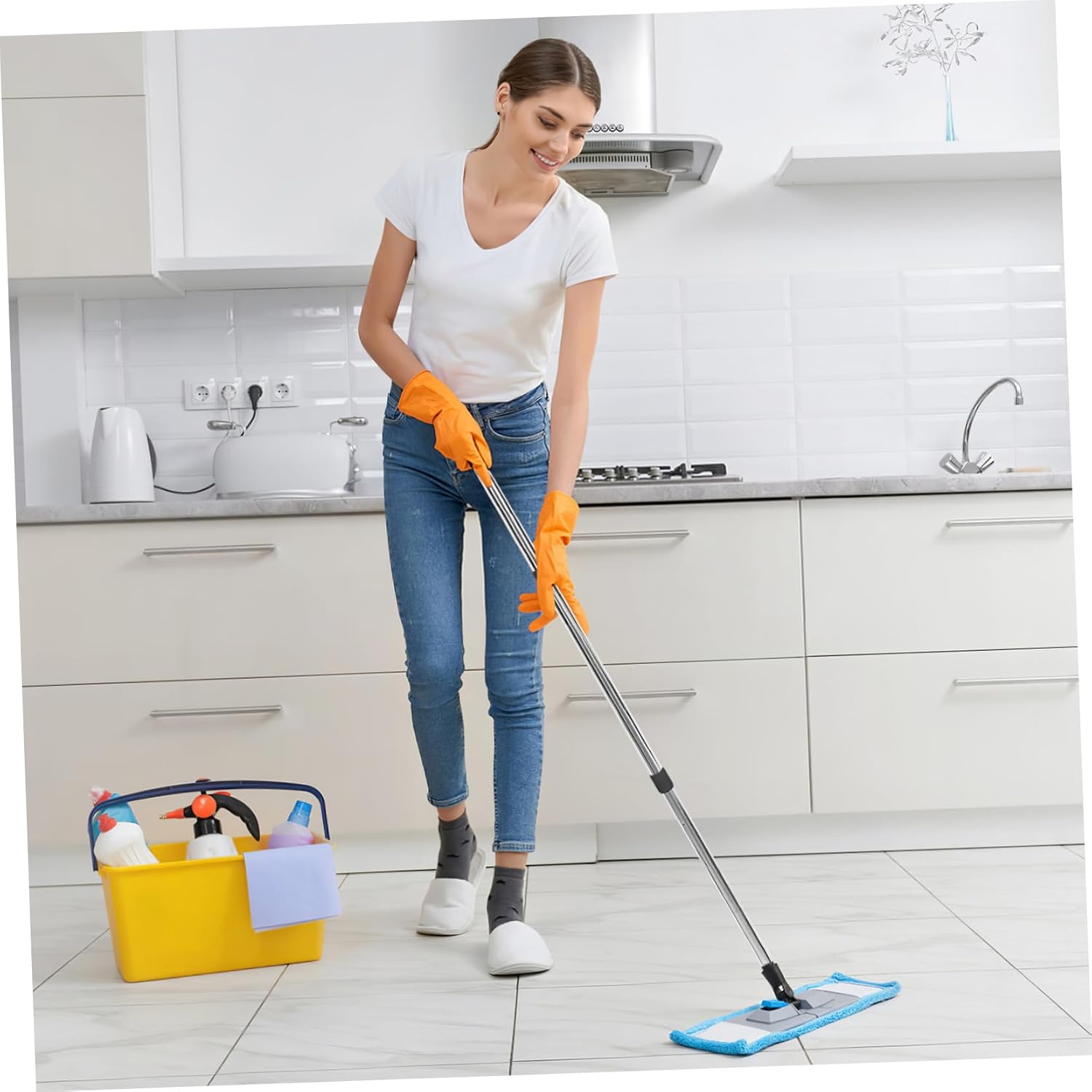 Stainless Steel Three Section Mop Handle with Threading System Cleaning Pole for Household Commercial Use Compatible with Various Mop Heads