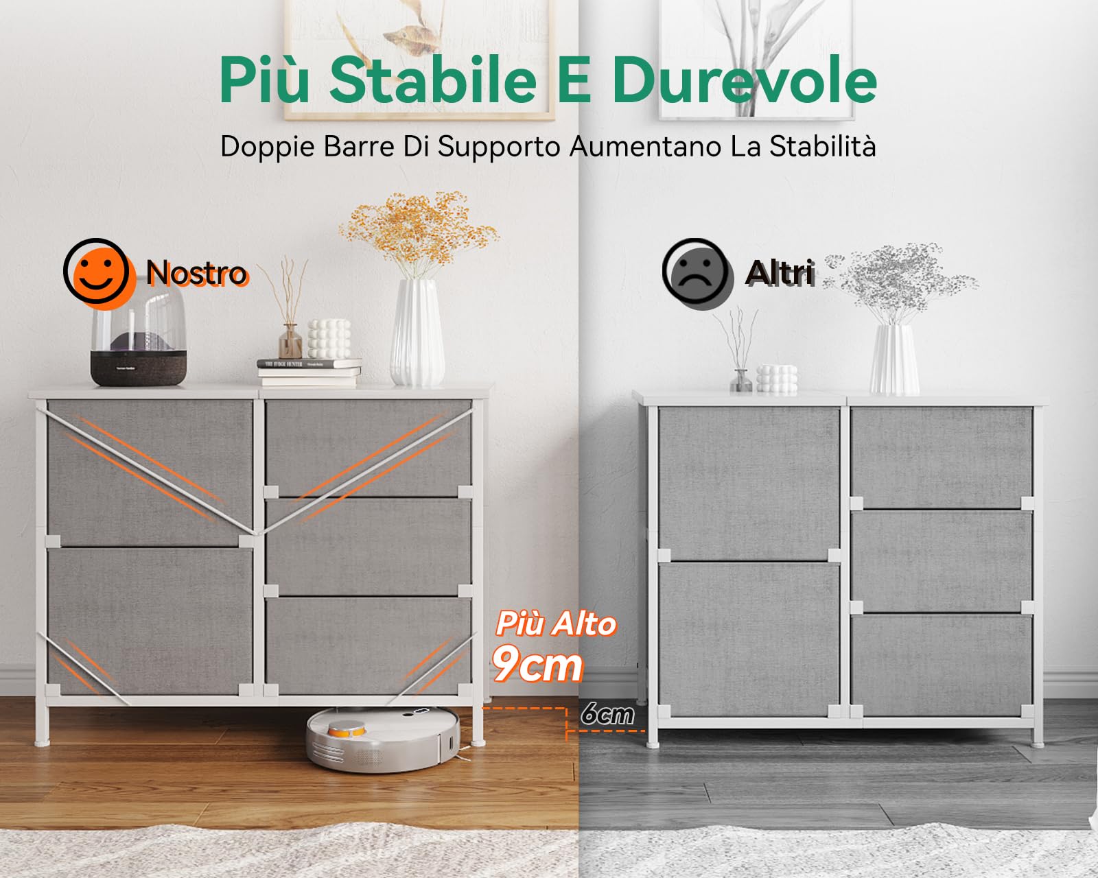 Coleshome Cassettiera Camera da Letto, Cassettiera Piccola Utilizzo Piano in Legno, Robusta Struttura in Acciaio, Adatta per Camera da Letto e Soggiorno, 76 x 29 x 60 cm, Grigio Chiaro