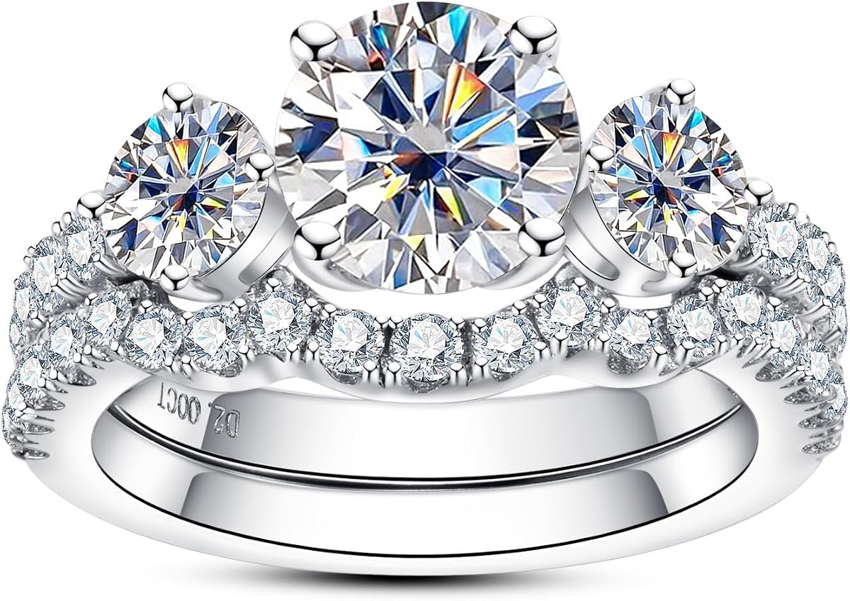 Moissanite Wedding Rings Bridal Set 3.7CTTW D Color VVS1 Clarity Round Brilliant Cut 925 Sterling Silver Moissanite Wedding Band Engagement Rings for Women with Certificate