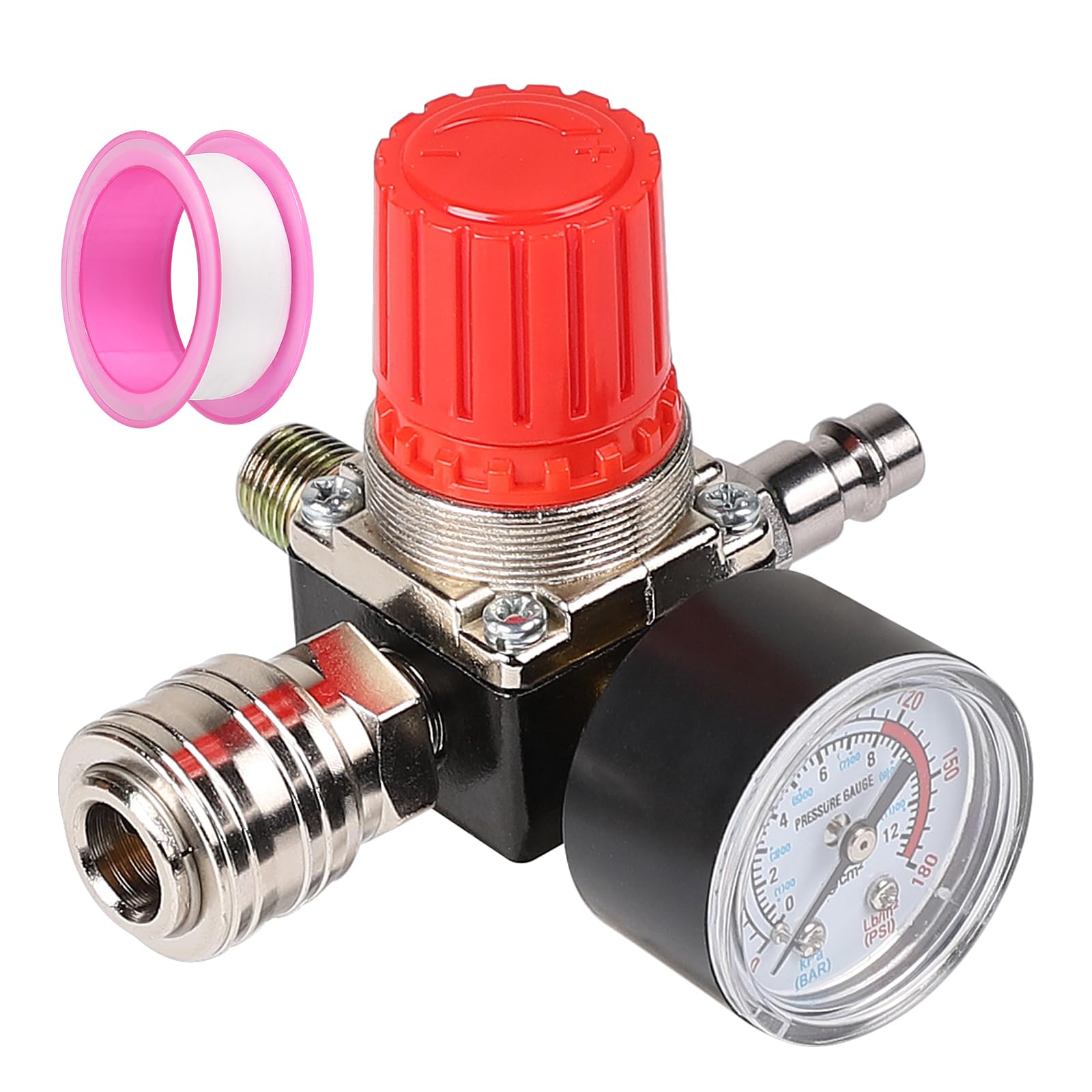 CPROSP Pressure Regulator Compressed Air 1/4 Inch 4 Holes with Teflon Tape and Pressure Gauge