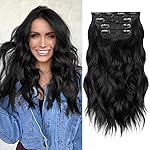 ALXNAN Clip in Long Wavy Synthetic Hair Extension 16 Inch Black 4PCS Thick Hairpieces Fiber Double Weft Hair for Women