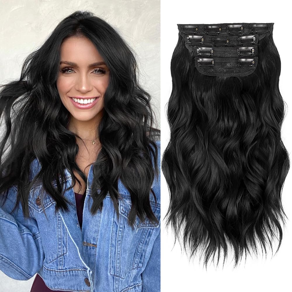 ALXNAN Clip in Long Wavy Synthetic Hair Extension 16 Inch Black 4PCS Thick Hairpieces Fiber Double Weft Hair for Women
