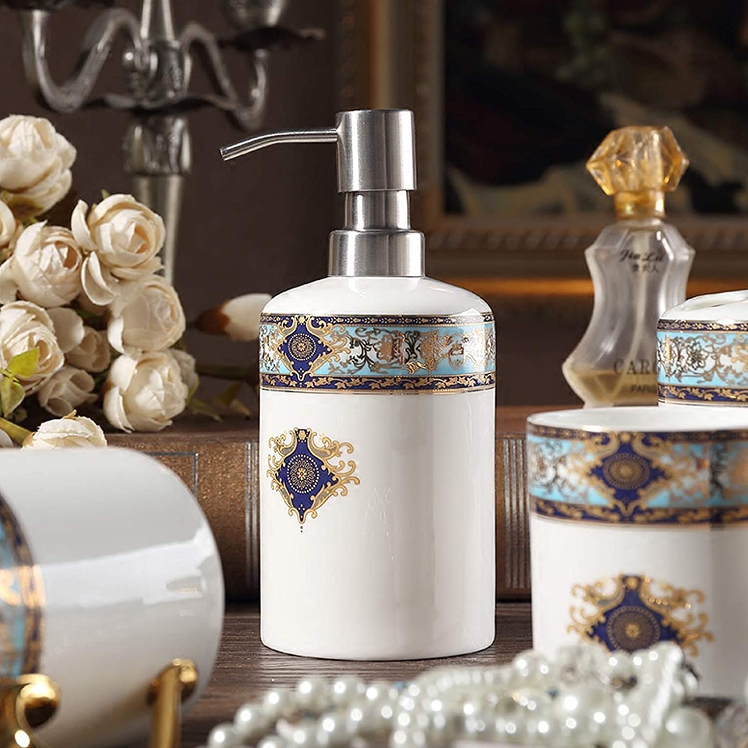 Zestaw Dozowników Mydła Retro Design Ceramiczny Zestaw Akcesoriów Łazienkowych Czeski Niebieski Akcesoria Do Kąpieli W Stylu Europejskim Łazienka(6-piece set)