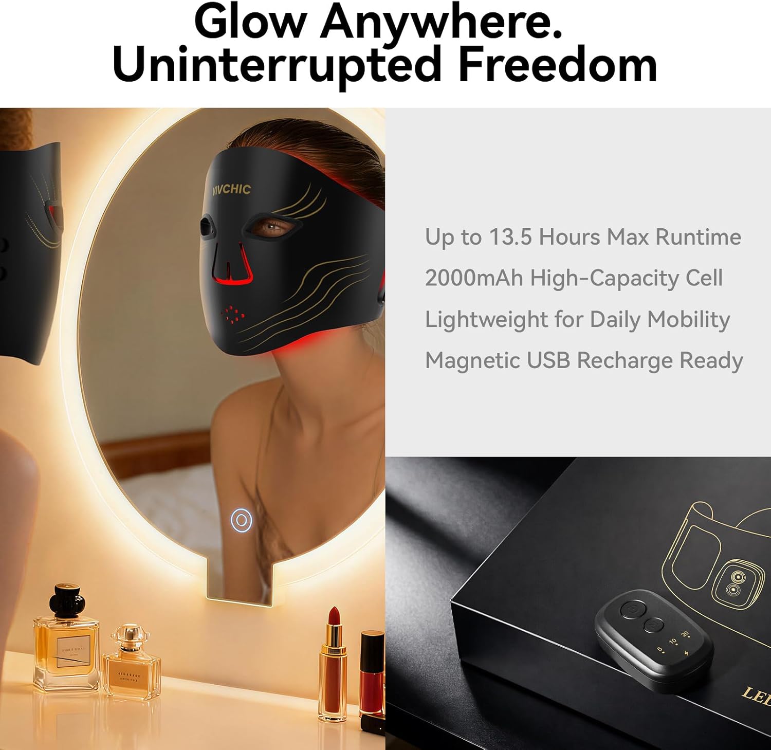 Red Light Therapy for Face – 4 Wavelengths Red Light Mask(660nm Red, 850nm NIR, Blue, Yellow), 84 LEDs, Wireless 2000mAh Charging, Multiple Light Modes – Anti-Aging & Brightening(Black)