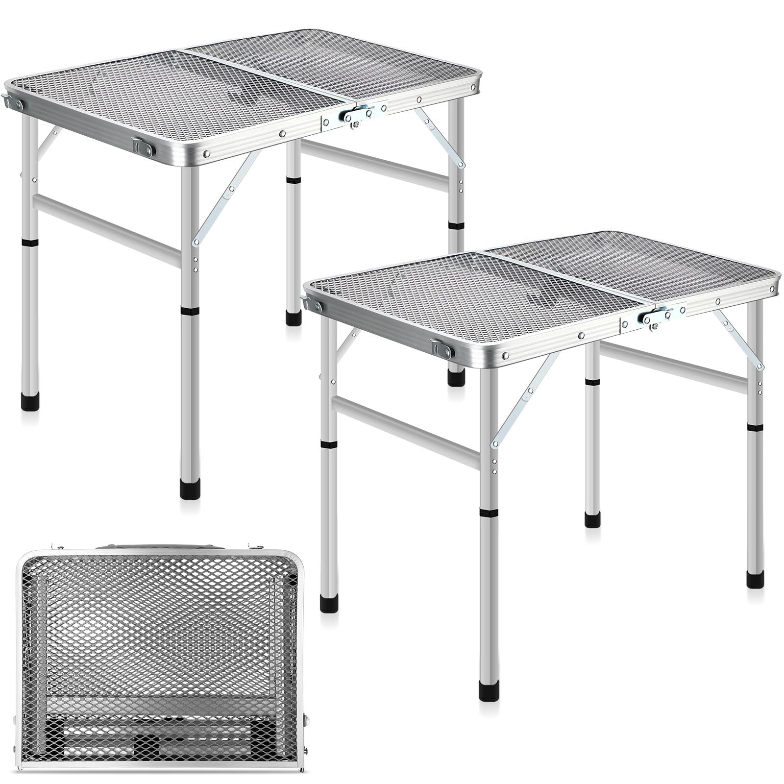 Sintuff 2 Pcs Grill Camping Table Outdoor Picnic Folding Table Aluminum Alloy Anti Slip Feet Portable Camping Table Height Adjustable BBQ Table for Picnic RV Grill Travel (Silver)