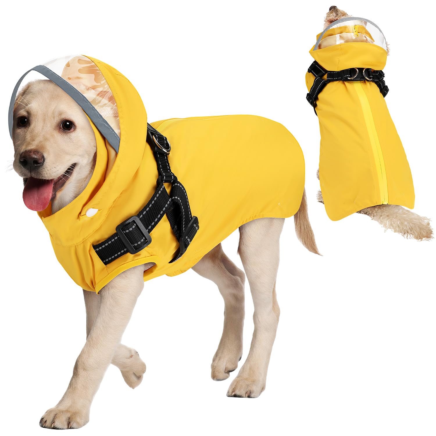 SlowTon Regenmantel Hund - Wasserdichter Hunderegenmantel mit Reflektierender Geschirr,Verstellbar Regenjacke mit Abnehmbar Reflektierenden Kapuze für kleine Mittelgroße und große Hunde