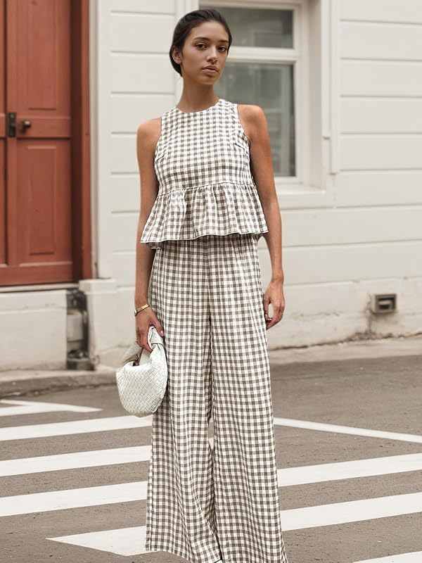 Aisongyuan Womens Gingham 2 Piece Set Sleeveless Ruffle Tank Wide Leg Pants by Aisongyuan - Used condition - Image 5