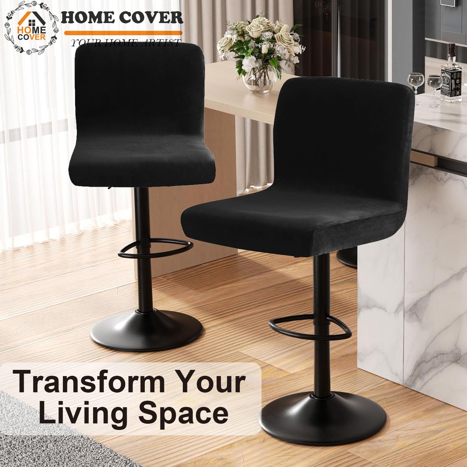 Pokrowce Na Stołki Barowe Z Oparciem, Rozciągać Aksamit Pokrowce Na Stołki Barowe Zdejmowany Obracanie Pokrowce Na Krzesła-czarny-2 Pcs