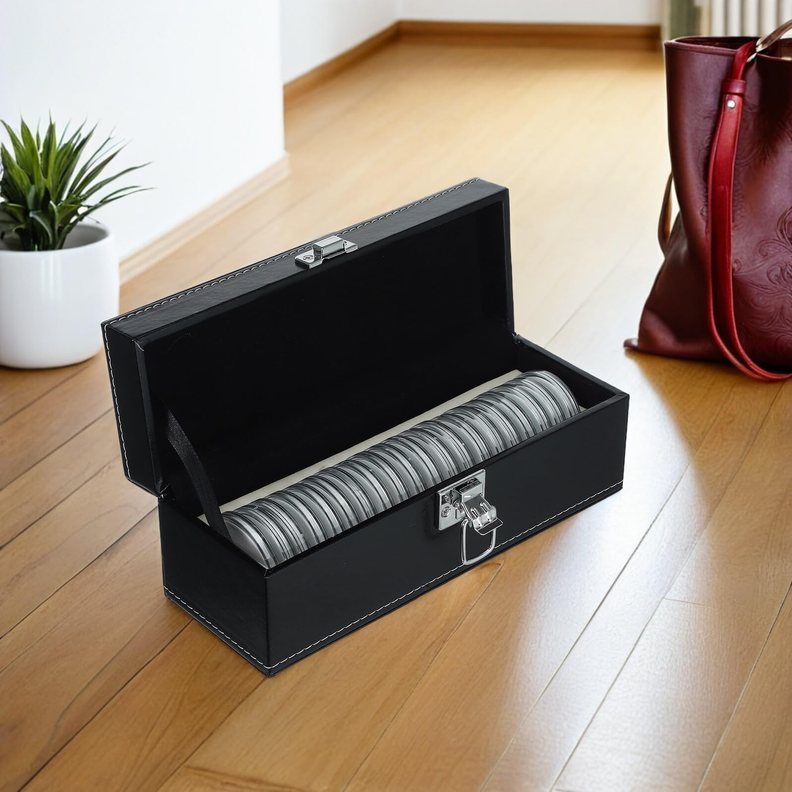 Hemobllo Boîte de Collection de Pièces de Monnaie Noire avec 20 Emplacements, Capsules Hermétiques en Plastique et Mousse Eva, Organiseur Compact et Portable pour Collectionneurs
