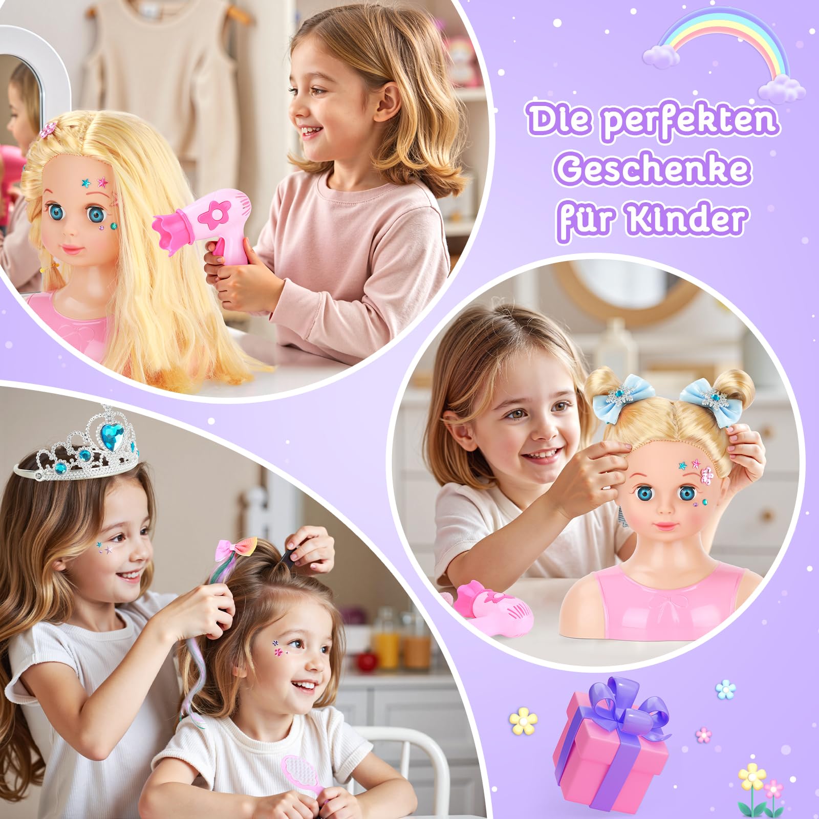 Frisierkopf Kinder Set mit Haarverlängerungen, Haarzubehör & Waschbare Kreide - Schminkkopf für Mädchen ab 3 4 5 6 Jahre, Puppenkopf Zum Frisieren Kinder, Weihnachten Geburtstag Geschenke Spielzeug