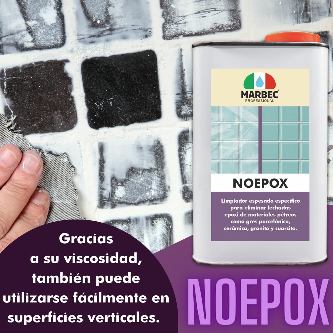 MARBEC NOEPOX 1LT + TAMPÓN NEGRO Limpiador espeso específico para eliminar residuos y manchas de lechadas epoxi en gres, cerámicas, granitos y cuarcitas.
