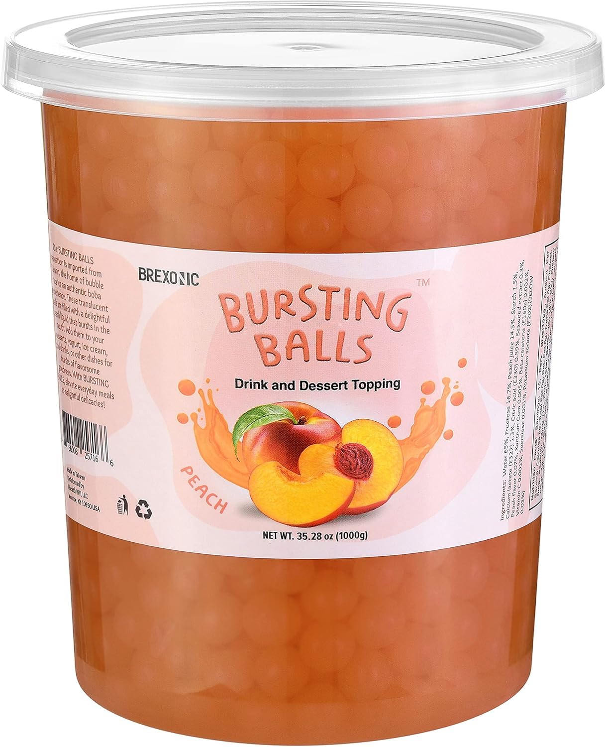 BREXONIC Popping Boba Pearls Bursting Tea Balls Drink & Dessert Topping Strawberry Blueberry Mango Passion Fruit Bubble Tea Flavor Tapioca Pearls 2Lb (Peach, 2 Pounds (Pack of 1))