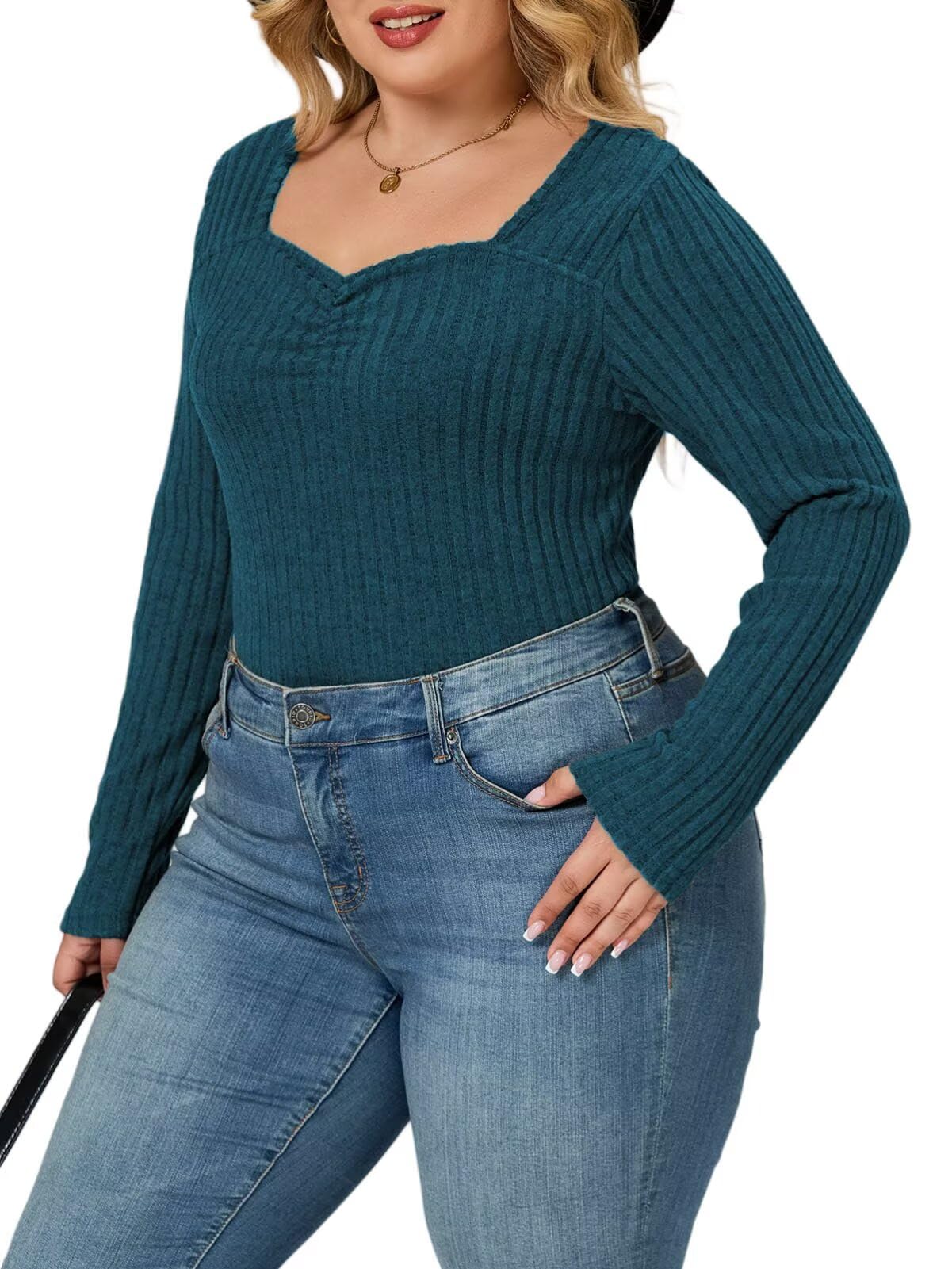 VISLILY Womens-Plus-Size-Tops Cute Sweetheart Neck Shirts Lightweight Long Sleeve Sweaters Trendy Ribbed Knit Tunic Blouses