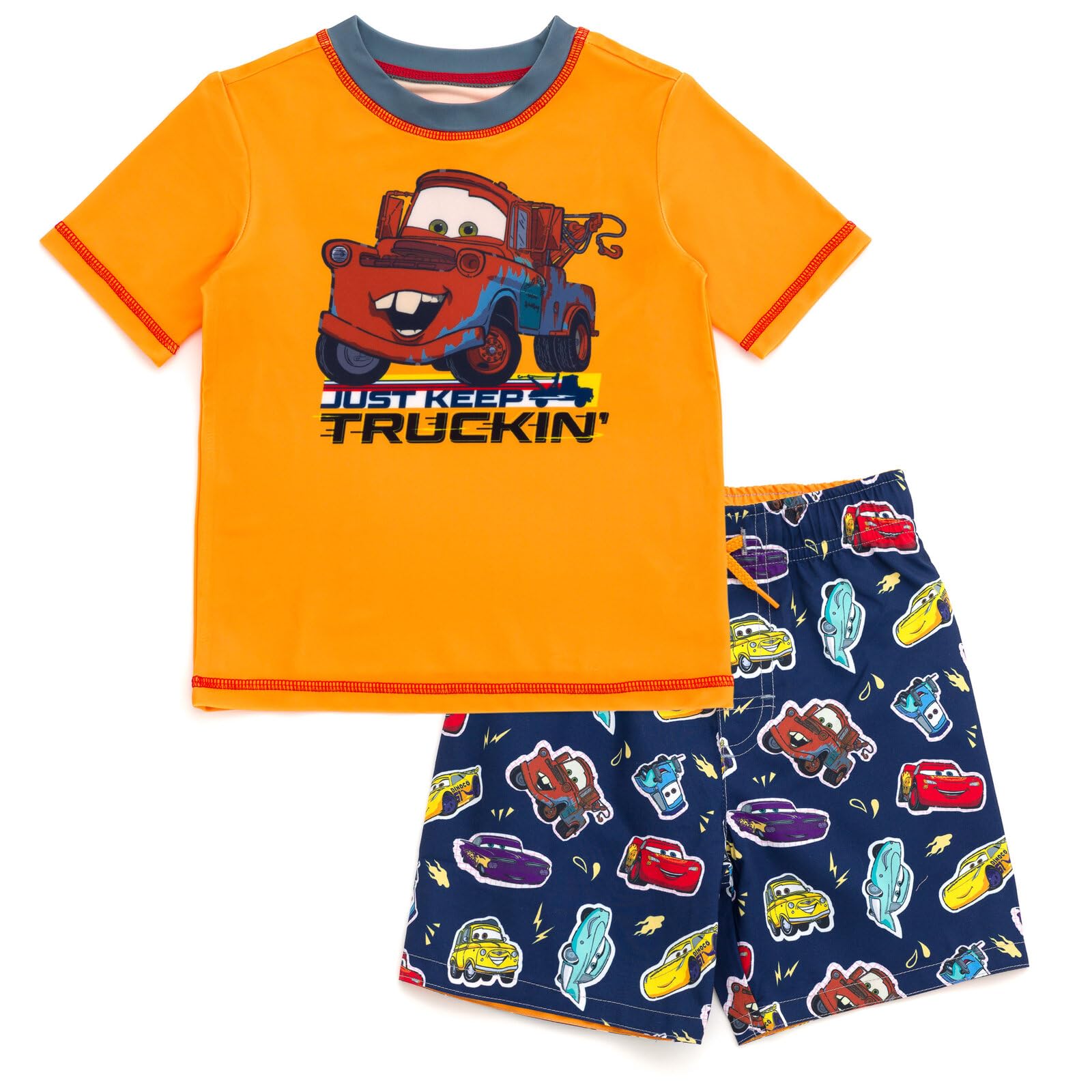 Disney Cars UPF 50+ Rash Guard Shirt and Swim Trunks Outfit Set Toddler to Little Kid Sizes (2T - 7-8)