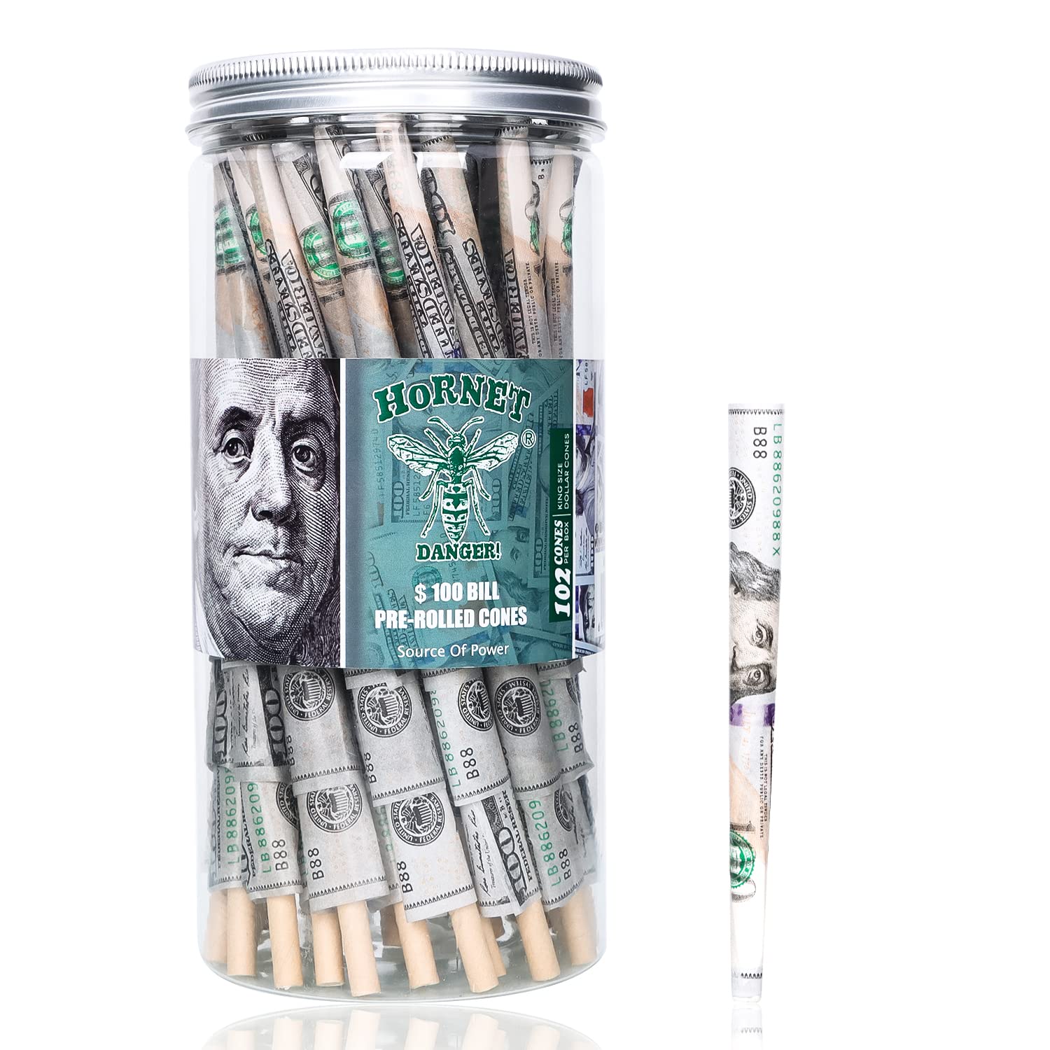 View 1 of 100 Dollar Pre Rolled Cones, 102 Pack King Size Hundred Dollar Bill Cones Rolling Papers, $100 Bill Preroll Cones Rolling Papers, Slow Burning