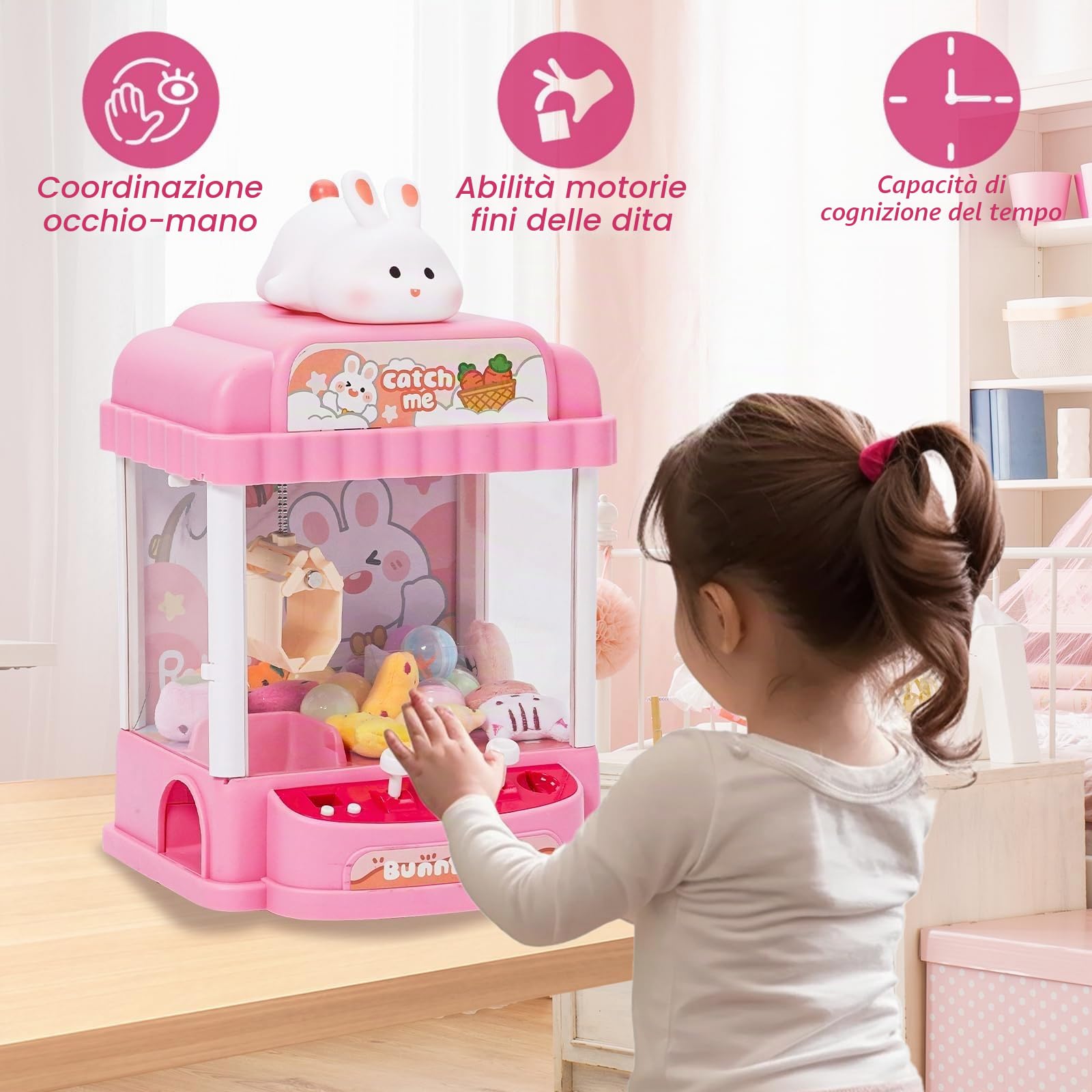 Macchina ad Artiglio per Bambini con 10 Giocattoli di Peluche e 10 Gashapons Candy Grabber Macchina Caramelle Mini Distributore per Bambini Giochi Arcade con Musica Regalo per Natale e Compleanno
