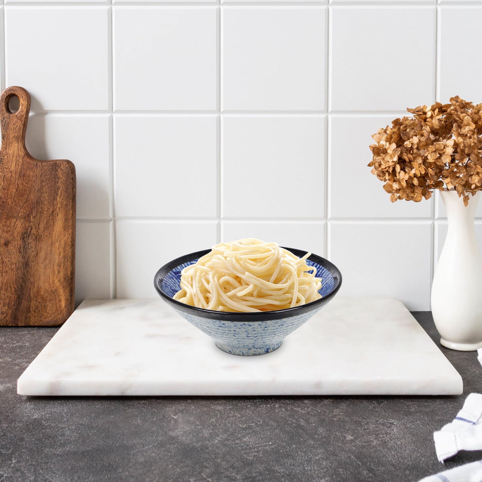 DECHOUS Cuenco Grande Previene Derrames Diseño de Ondas Marinas de Cerámica Estilo Japonés Vintage Gran Capacidad Adecuado para Sopa Ramen y Uso Hogar