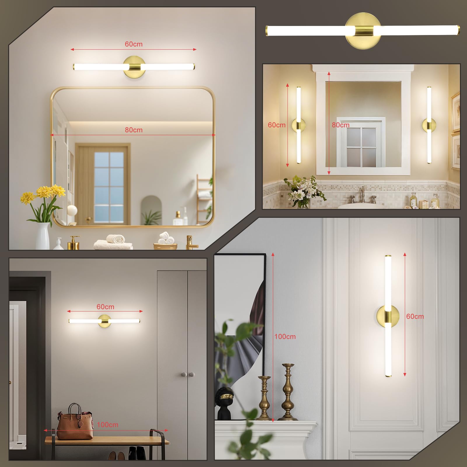 Homefire LED Spiegelleuchte Bad 60CM - Spiegellampe Badezimmer Gold Badleuchte Wand 8W Wasserdicht IP44 Wandlampe Modern Neutralweiß 4000K Wandleuchte für Badschrank Küche Flur