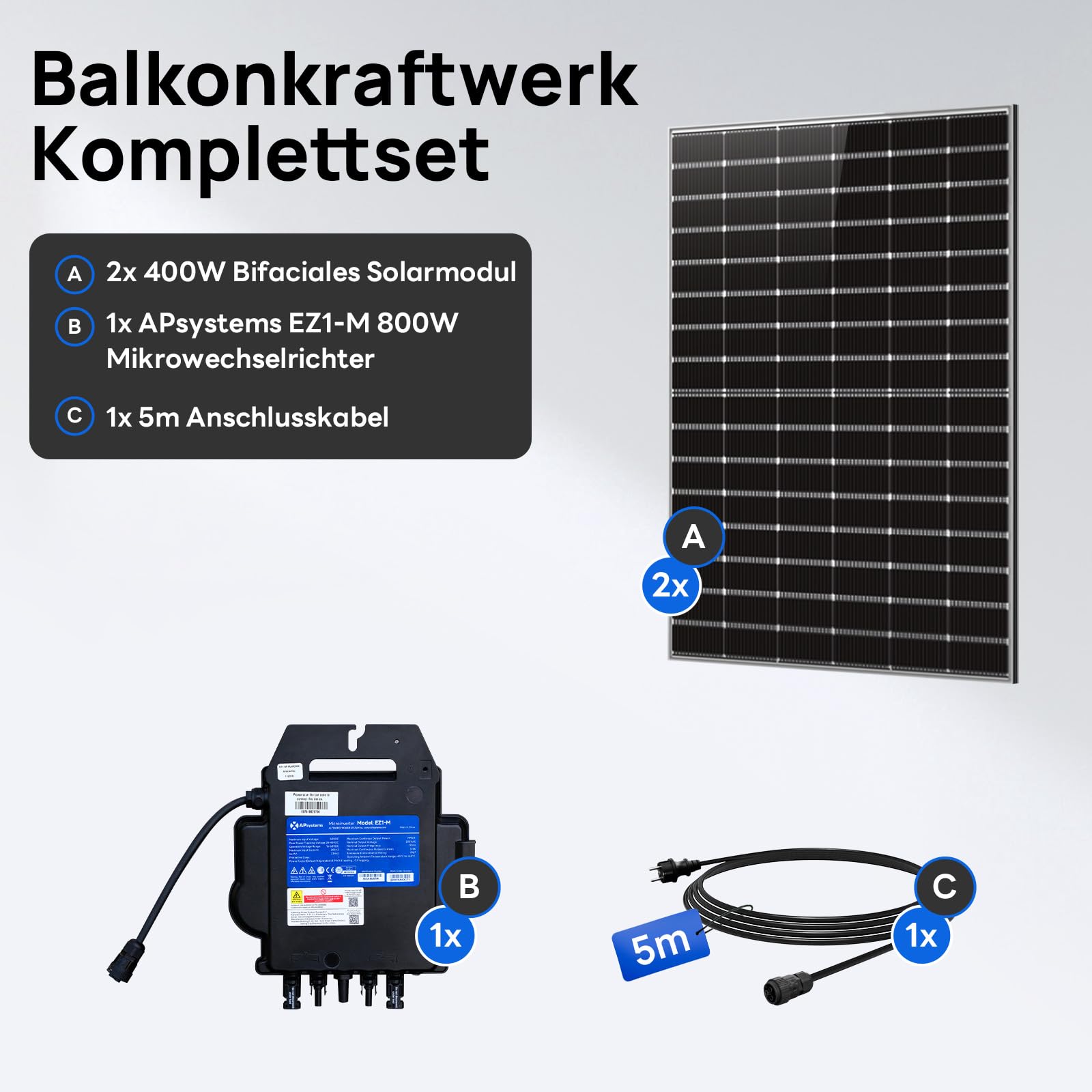 ECO-WORTHY Elektrownia balkonowa 800 W 0% VAT balkonkraftwerk w komplecie z dwufazowym modułem solarnym 400 W x 2 i falownikiem 600 W/800 W APsystems z przekaźnikiem VDE