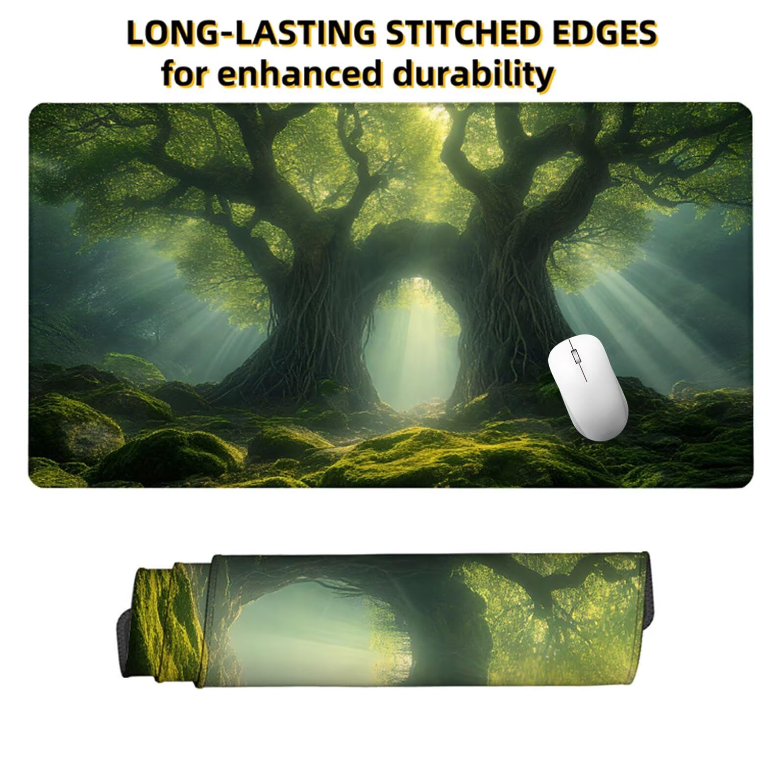 Zielona podkładka pod mysz dla graczy XXL 1400 x 600 x 3 mm, pod ręką las na biurko z antypoślizgową i wodoodporną gumową podkładką pod mysz, gładka powierzchnia poprawia precyzję i szybkość D1-255