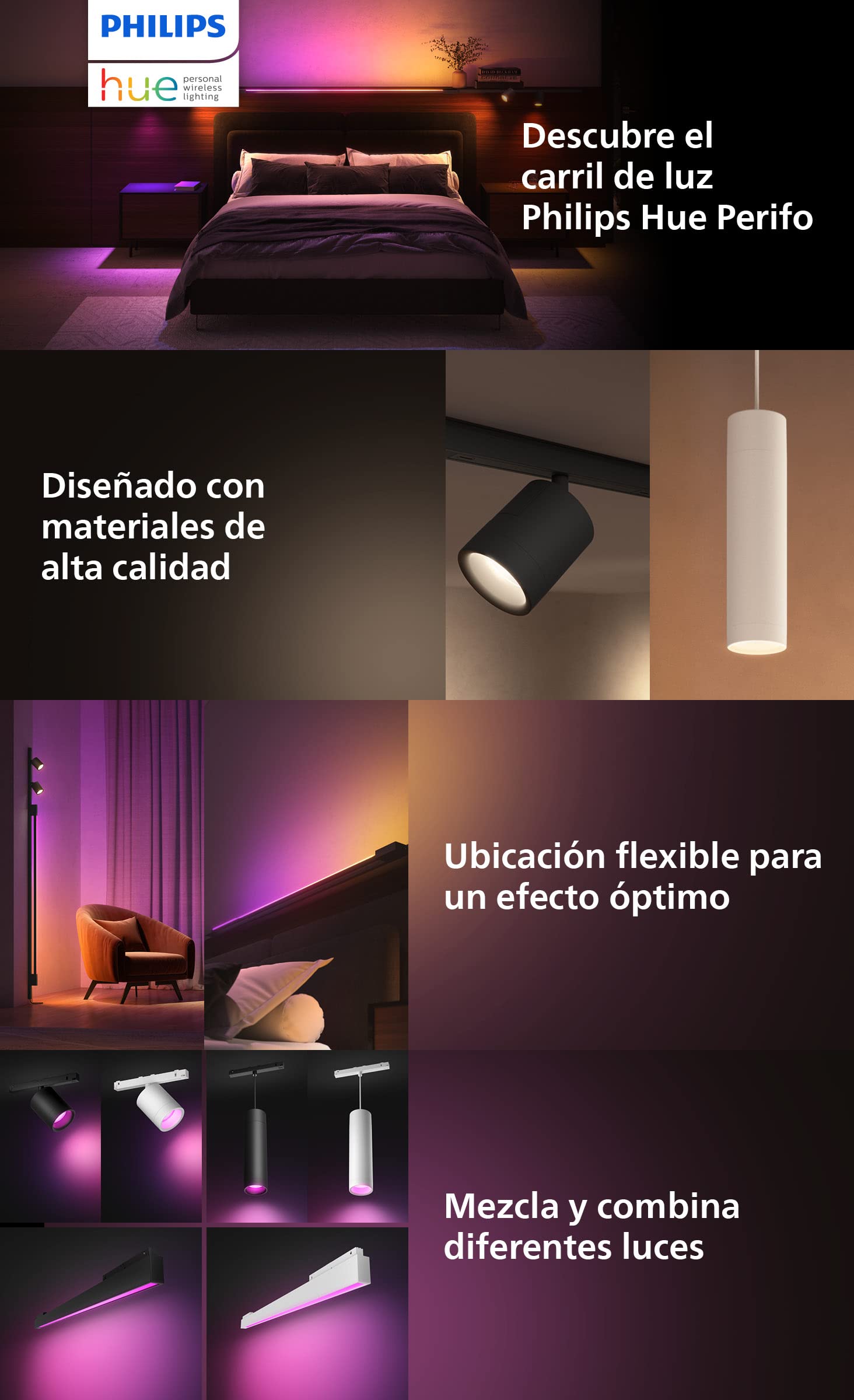 Philips Hue White and Color Ambiance, Perifo, Kit di Illuminazione a Binario da parete, Kit con 3 Faretti, 16.8 W, Nero