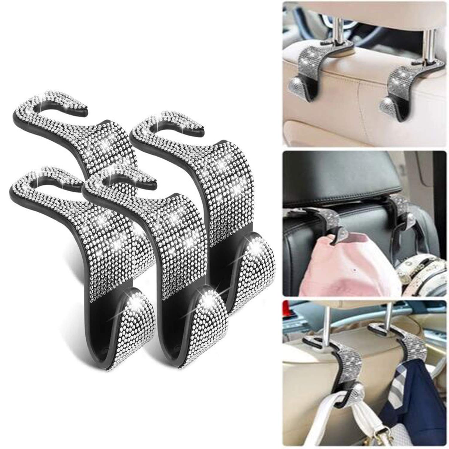 4 Ganci Per Auto Bling Con Strass - Gancio Per Poggiatesta Posteriore, Organizer Salvaspazio Bianco, Capacità 2.5 Kg