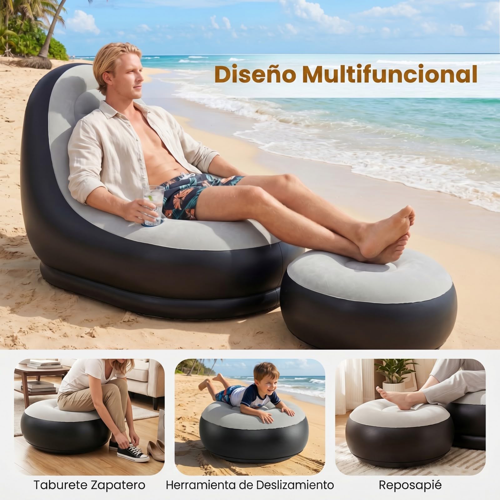 GOPLUS Sofa Hinchable Camping con Reposapiés, Sillon Infable Relax con Respaldo,Portavasos y Parches de Reparación, Puff Plegable Exterior, Silla Inflable para Balcón Jardín (con reposapiés)