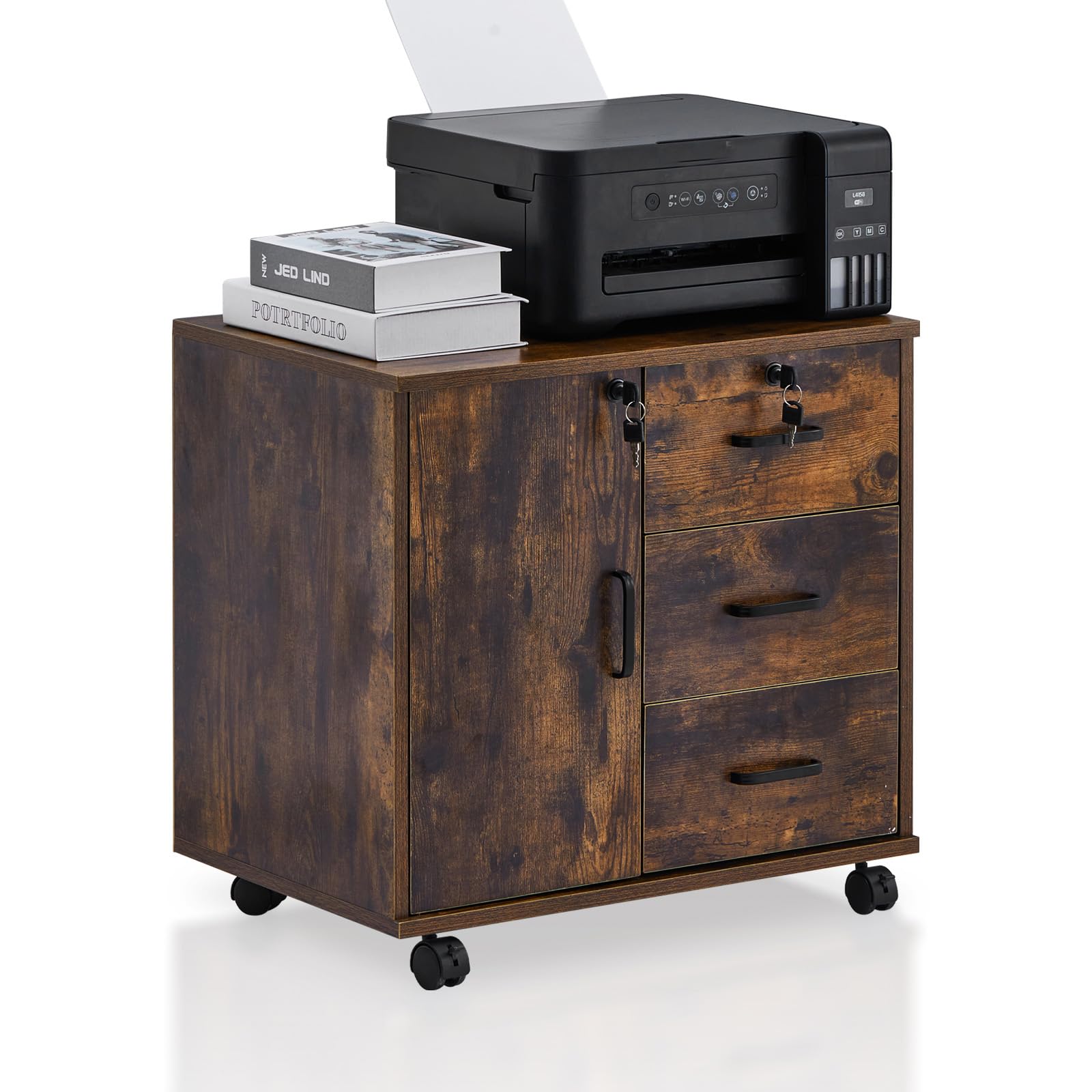 TUKAILAi Caisson de Bureau Mobile à 4 Tiroirs, Support Imprimante Mobile Classeur avec Roulettes, Armoires de Rangement 2 Tiroirs Verrouillable, Format A4 Dossiers Suspendus (Marron)
