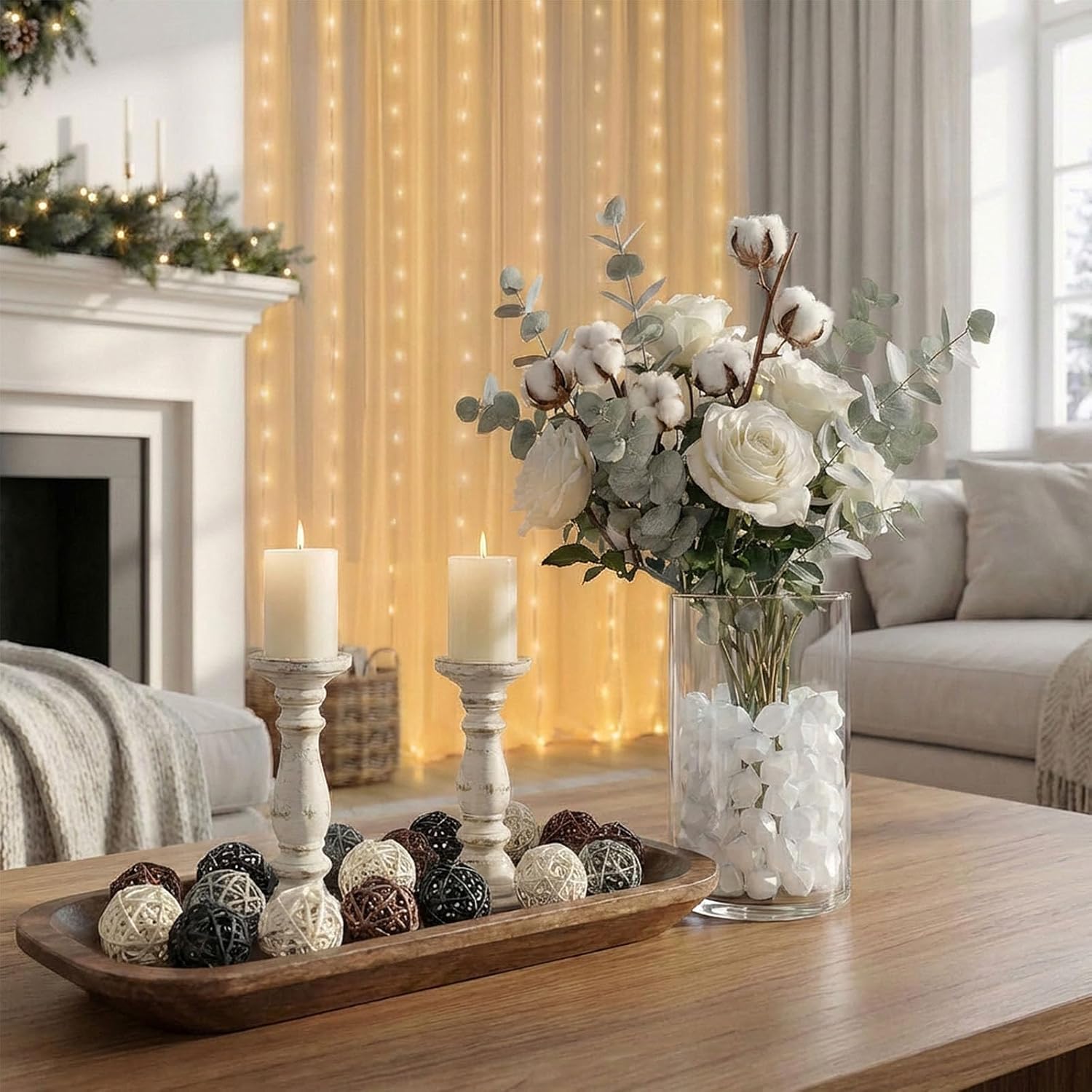 DomeStar 175PCS Decor Master Set: LED Curtain Fairy Lights, 150 Large White Acrylic Ice Rocks & 24 Wicker Rattan Balls - All-in-One Bundle for Wedding Backdrop, Vase Filler, Party & Home Table Decor